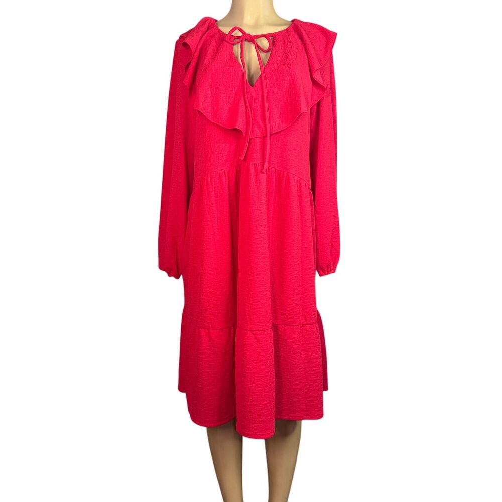 ASOS Long Sleeve Tiered Dress Flounce Neck Solid Red Size 4 NWT